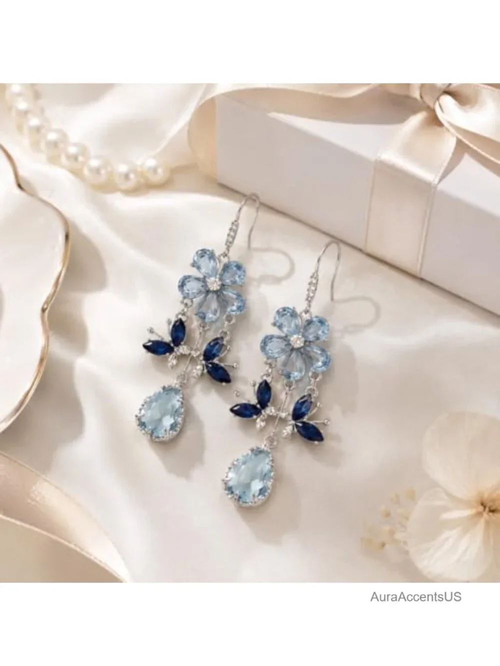 Blue Crystal Flower Butterfly Drop Earrings for Women, Silver Tone Rhinestone
